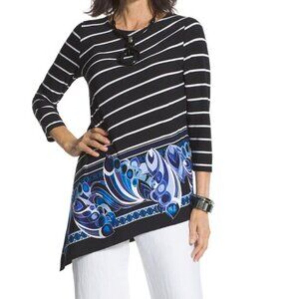 Chico's Travelers Tunic Top Diagonal Striped Floral Asymmetrical Long Sleeve 2/L